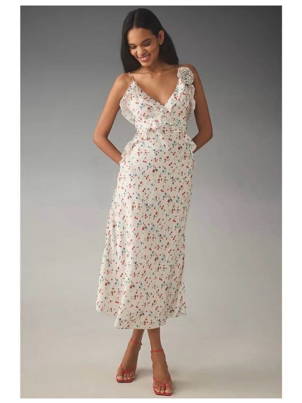 ANTHROPOLOGIE Bardot Floral Ruffle-Trim V-Neck Slip Dress - White